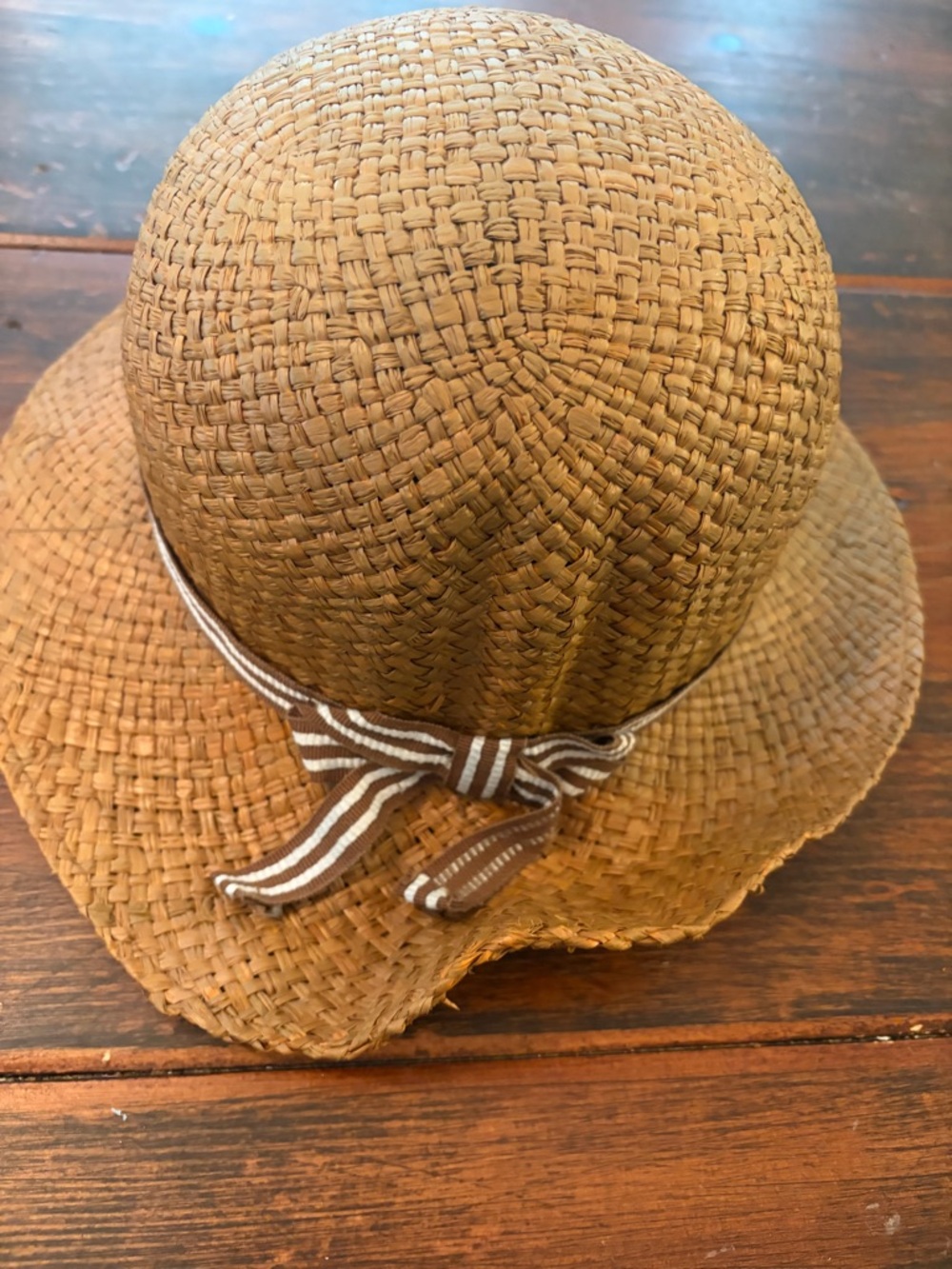 Anthropologie Straw Cloche Hat with Brown Striped Bow